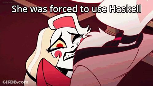 A Cartoon Character With The Words She Was Forced To Use Haskell GIF