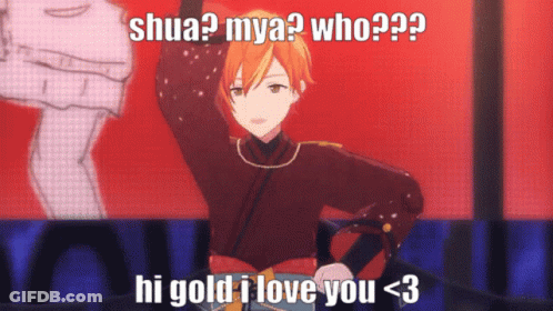 A Cartoon Character With The Words Shua Mya Who Hi Gold I Love You < 3 On The Bottom GIF
