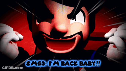 A Cartoon Character With The Words Smg3 I 'M Back Baby Written Below Him GIF