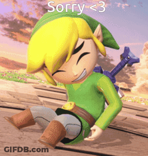 A Cartoon Character With The Words Sorry < 3 Written Above Him GIF