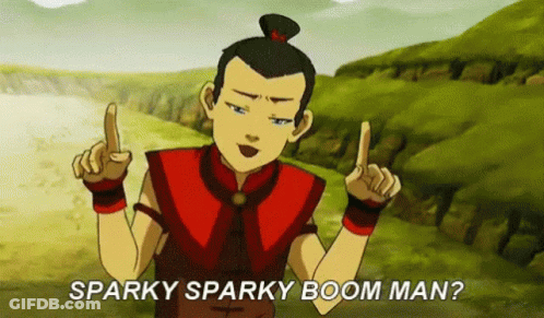 A Cartoon Character With The Words Sparky Sparky Boom Man Above Him GIF