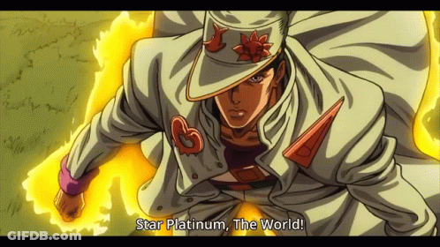 A Cartoon Character With The Words Star Platinum The World Written Below Him GIF