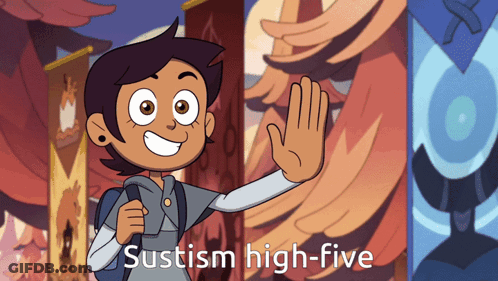 A Cartoon Character With The Words Sustism High-Five Written On The Bottom GIF