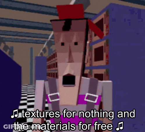 A Cartoon Character With The Words Textures For Nothing And The Materials For Free On It GIF
