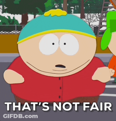 A Cartoon Character With The Words That 'S Not Fair On The Bottom GIF