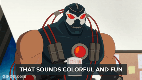 A Cartoon Character With The Words That Sounds Colorful And Fun Behind Him GIF