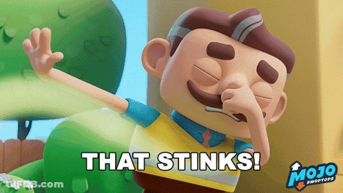 A Cartoon Character With The Words That Stinks Written Below Him GIF