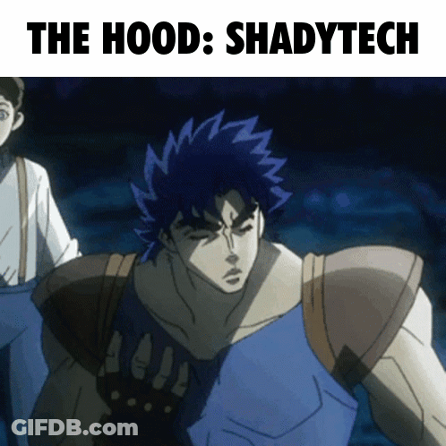 A Cartoon Character With The Words The Hood Shadytech On The Top GIF