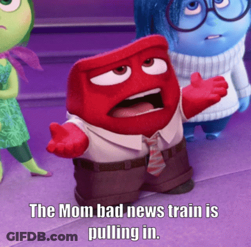 A Cartoon Character With The Words " The Mom Bad News Train Is Pulling In " GIF