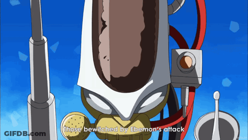 A Cartoon Character With The Words " Those Bewitched By Ebemon 'S Attack " On The Bottom GIF