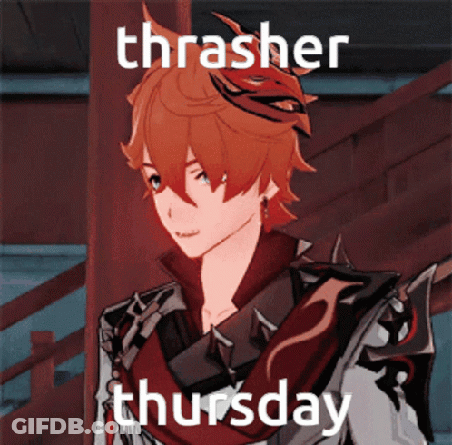 A Cartoon Character With The Words Thrasher Thursday Written On It GIF