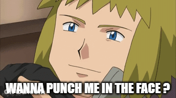 A Cartoon Character With The Words Wanna Punch Me In The Face Below Him GIF