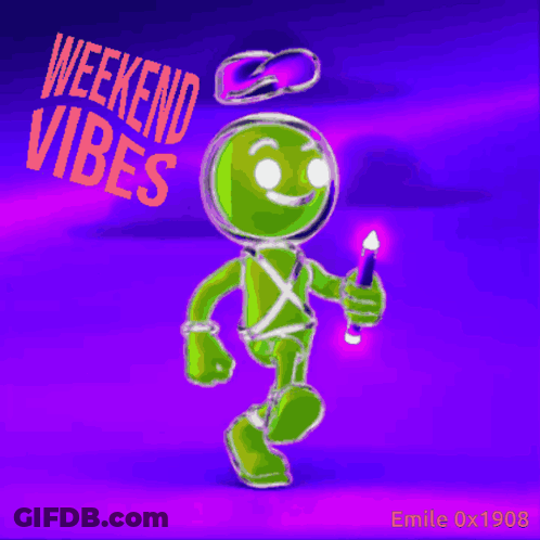 A Cartoon Character With The Words Weekend Vibes Written On The Bottom GIF