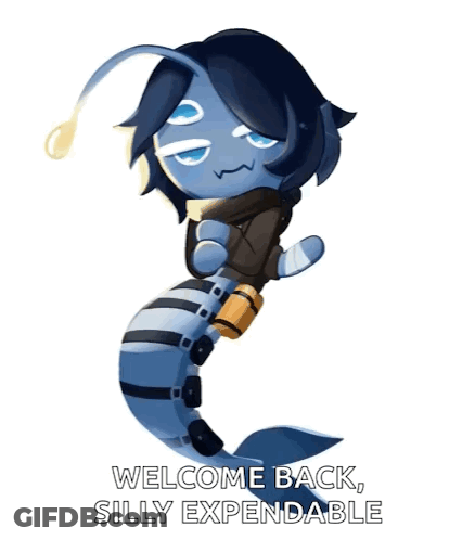 A Cartoon Character With The Words Welcome Back Silly Expendable On It GIF