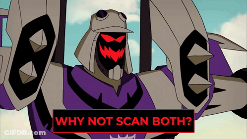A Cartoon Character With The Words Why Not Scan Both In Red GIF