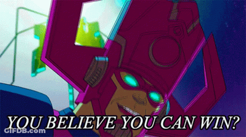 A Cartoon Character With The Words " You Believe You Can Win " On The Bottom GIF