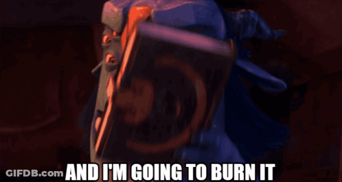 A Cartoon Character With Three Eyes And The Words And I 'M Going To Burn It GIF