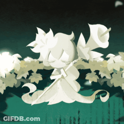 A Cartoon Character With White Flowers And Leaves On A Dark Background GIF