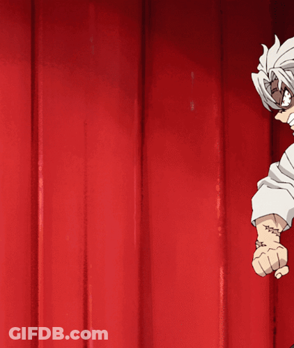 A Cartoon Character With White Hair And A Black Belt Is Standing In Front Of A Red Curtain GIF