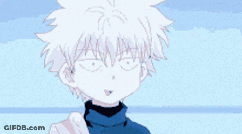 A Cartoon Character With White Hair And A Blue Turtleneck Is Smiling And Pointing At The Camera . GIF