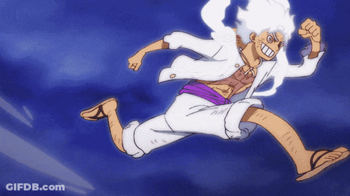 A Cartoon Character With White Hair And A Purple Belt Is Running GIF
