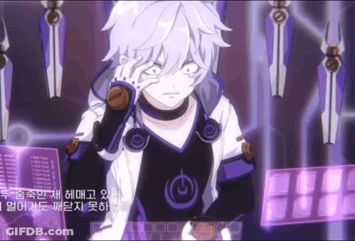 A Cartoon Character With White Hair And A Purple Shirt Is Standing In Front Of A Computer Screen GIF