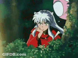 A Cartoon Character With White Hair And A Red Shirt Is Standing In The Woods . GIF