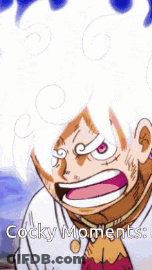 A Cartoon Character With White Hair And A Scarf Says Cocky Moments GIF