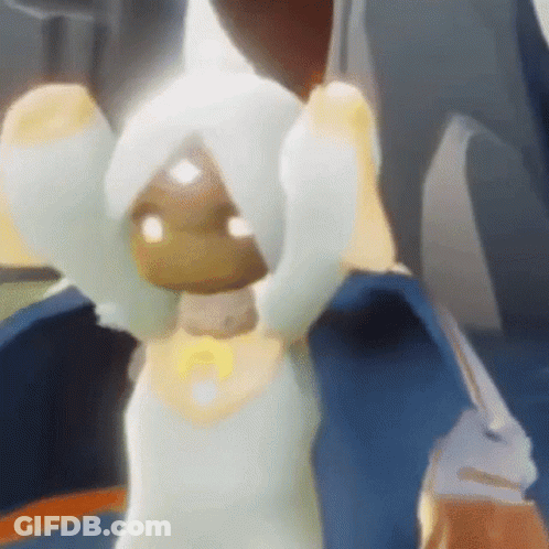 A Cartoon Character With White Hair And A White Hood Is Standing In Front Of A Blue Background . GIF