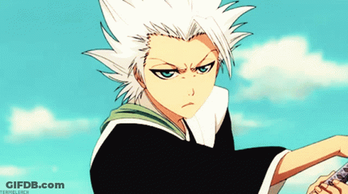 A Cartoon Character With White Hair And Blue Eyes Is Holding A Sword And Has The Hashtag Teribleach On The Bottom Right GIF