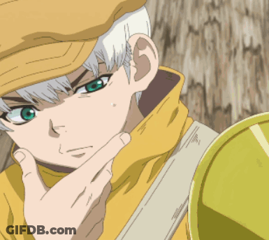A Cartoon Character With White Hair And Green Eyes Is Wearing A Yellow Jacket And Hat GIF