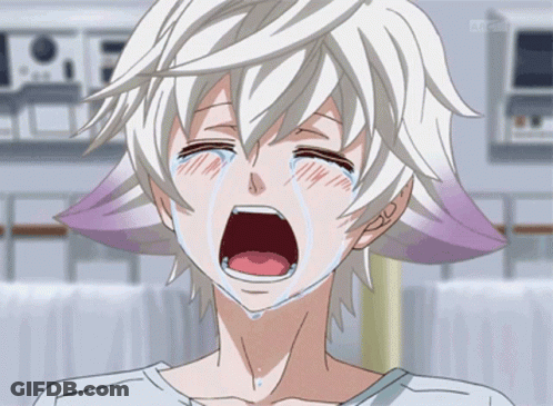 A Cartoon Character With White Hair And Purple Ears Crying GIF
