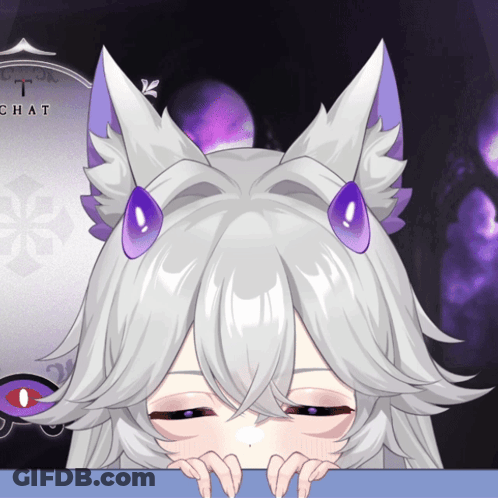 A Cartoon Character With White Hair And Purple Ears Looks Over A Table GIF