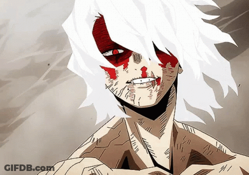 A Cartoon Character With White Hair And Red Eyes Has Blood On His Face GIF