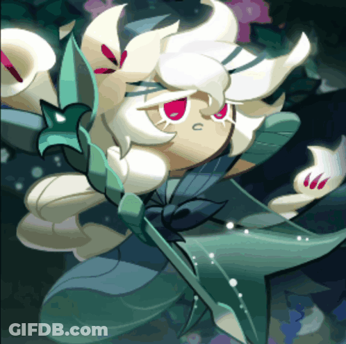 A Cartoon Character With White Hair And Red Eyes Holding A Fan GIF
