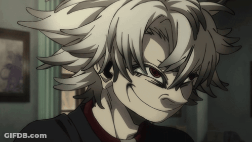 A Cartoon Character With White Hair And Red Eyes Is Making A Face GIF