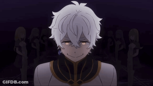 A Cartoon Character With White Hair And Yellow Eyes Stands In Front Of A Group Of Women GIF