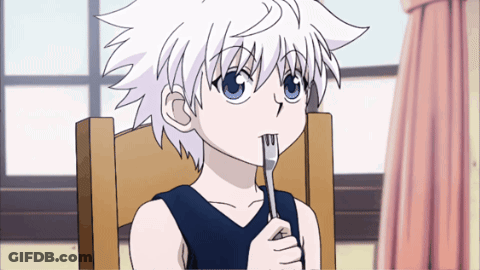 A Cartoon Character With White Hair Is Holding A Fork In His Mouth GIF