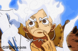 A Cartoon Character With White Hair Is Making A Face With His Finger On His Chin GIF