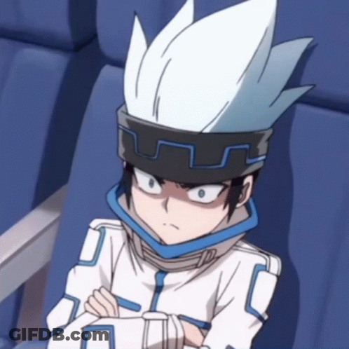 A Cartoon Character With White Hair Is Sitting In A Blue Chair GIF