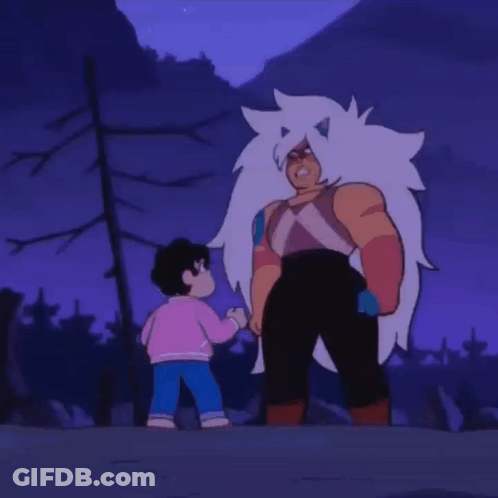 A Cartoon Character With White Hair Is Standing Next To A Smaller Character GIF