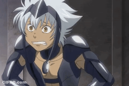 A Cartoon Character With White Hair Is Wearing A Black Armor And A Necklace . GIF