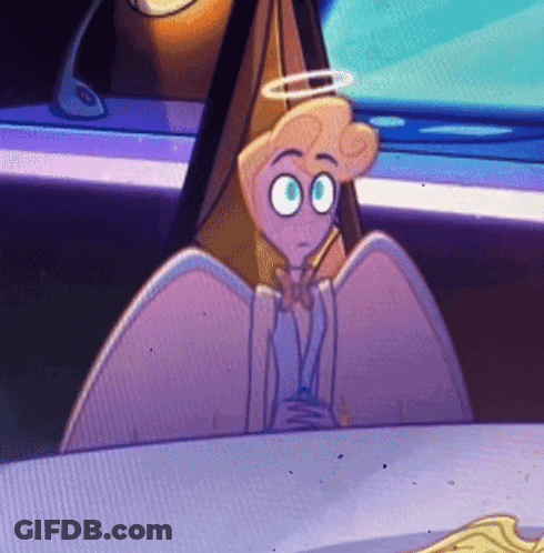 A Cartoon Character With Wings And A Halo On His Head Is Sitting At A Table GIF
