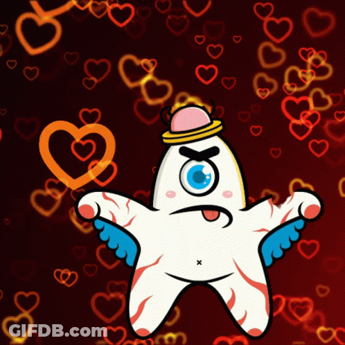 A Cartoon Character With Wings And A Hat With Hearts In The Background GIF