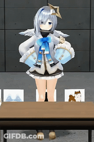 A Cartoon Character With Wings And A Star On Her Head Stands In Front Of A Table GIF