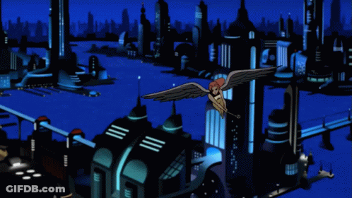 A Cartoon Character With Wings Is Flying Over A City GIF
