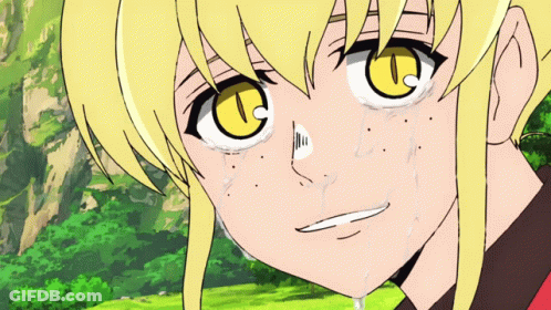 A Cartoon Character With Yellow Eyes And Blonde Hair GIF