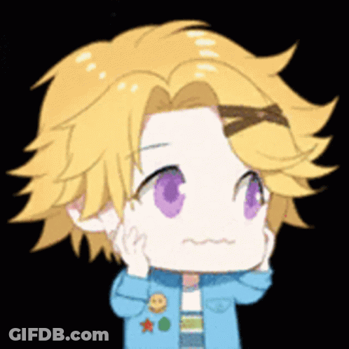A Cartoon Character With Yellow Hair And Purple Eyes Is Wearing A Blue Jacket . GIF