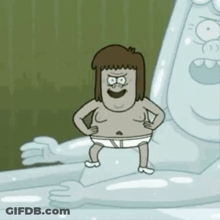 A Cartoon Character Without A Shirt Is Standing Next To A Statue Of A Man . GIF