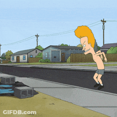 A Cartoon Character Without A Shirt Is Walking Down A Sidewalk GIF